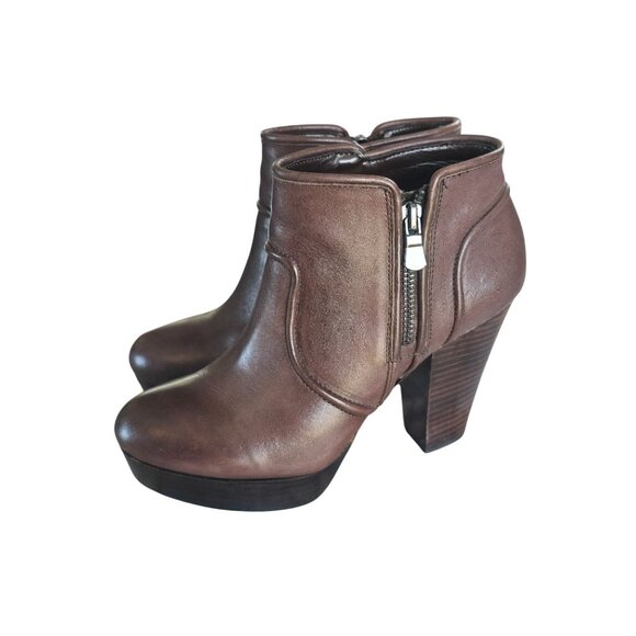 Gianni Bini Brown Ankle Zip Booties Boots Women Size 6.5 Platform Heel Fall Boho - Picture 1 of 9